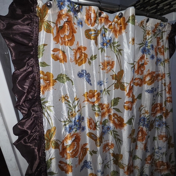 Vintage Ruffled Shower Curtain 2 Panels Orange & Blue Floral With Butterflies - Picture 1 of 3